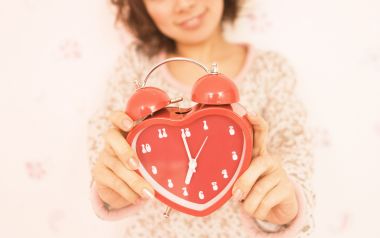 Girl Holding Red Heart Shaped Alarm Clock Home Warm Photo