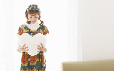 Fresh Japanese Home Girl Holding White Heart Pillow Portrait