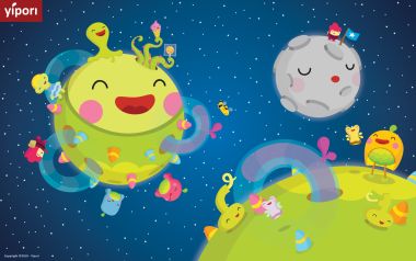 Cute Cartoon Space Illustration Smiling Planet Sleeping Moon