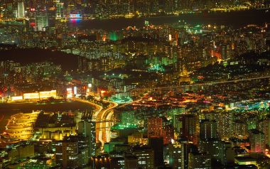 中国香港维多利亚港高空俯瞰全景夜景