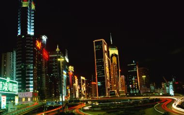 中国香港中环摩天建筑群璀璨夜景