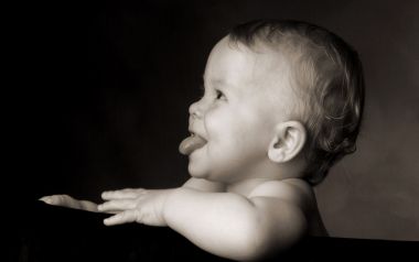 Cute Baby Boy Sticking Out Tongue Vintage Black White Portrait