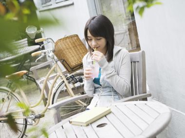 Summer Japanese Courtyard Girl Sipping Cold Drink Photo