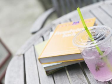 Summer Outdoor Relax Reading Iced Drink Books Table Closeup