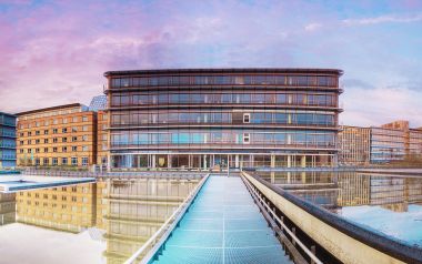 Germany Saarbrucken Modern Office Park Dusk Water View