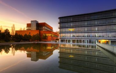 Germany Saarbrucken Modern Architecture Dusk Water Reflection Scene