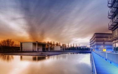 Germany Saarbrucken Dusk Modern Waterfront Urban Scenery