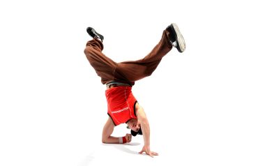 Hip Hop Breakdancer Performing High Difficulty Bboy Move White Background
