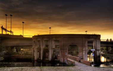 German Saarbrucken Riverside Sunset Red Brick Building Scenery