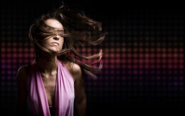 Dynamic Disco Party Woman With Flying Long Hair Pink Dress
