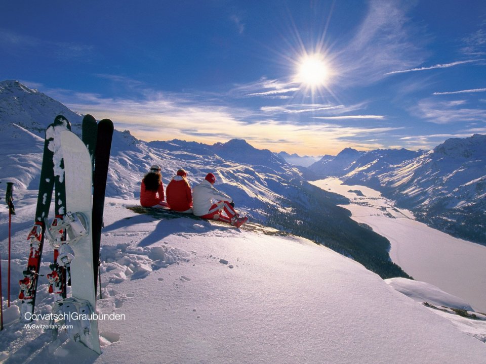 Switzerland Corvatsch Ski Resort Snowy Mountain Lake Scenery