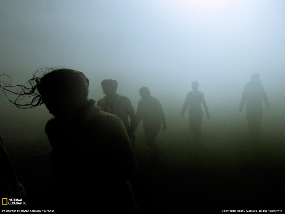 Iceland Geothermal Spring Silhouettes In Fog
