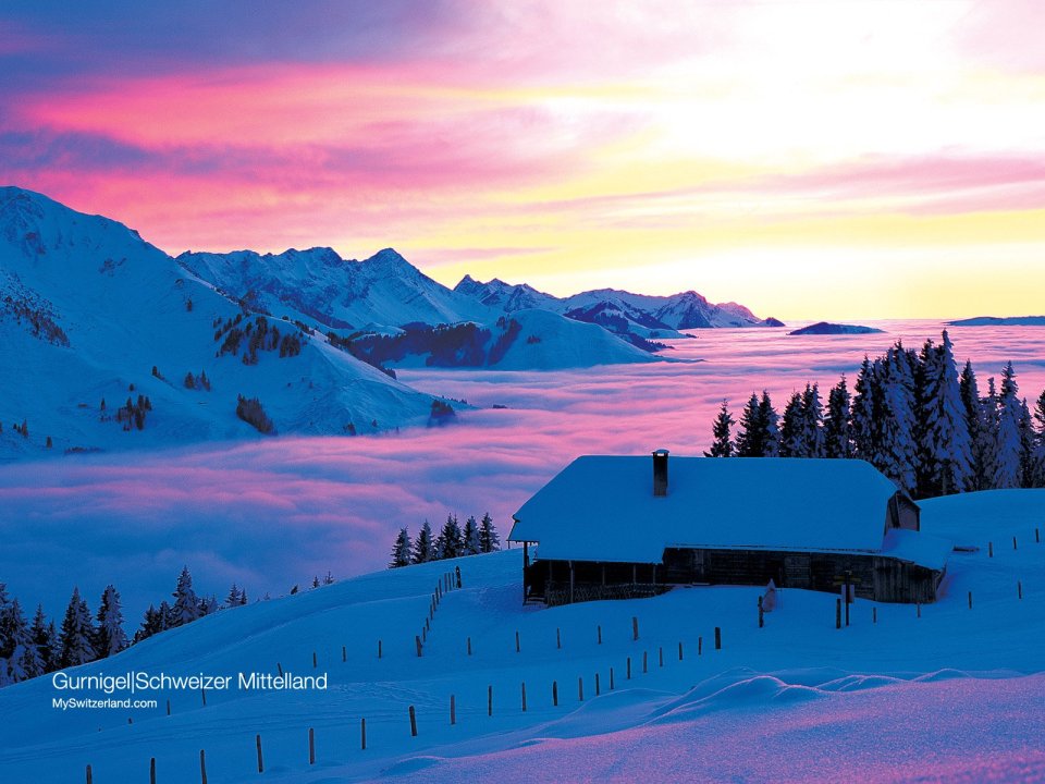 Switzerland Gurnigel Snowy Mountain Cabin Cloud Sea Sunset
