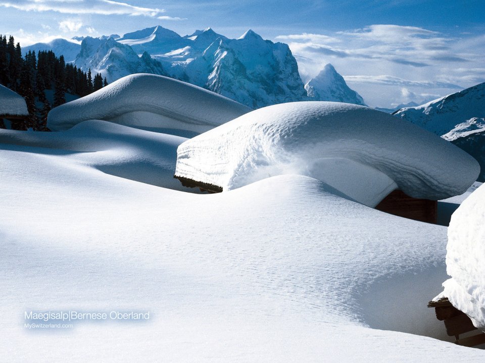 瑞士伯尔尼高地Maegisalp雪景：阿尔卑斯山麓的冬日静谧
