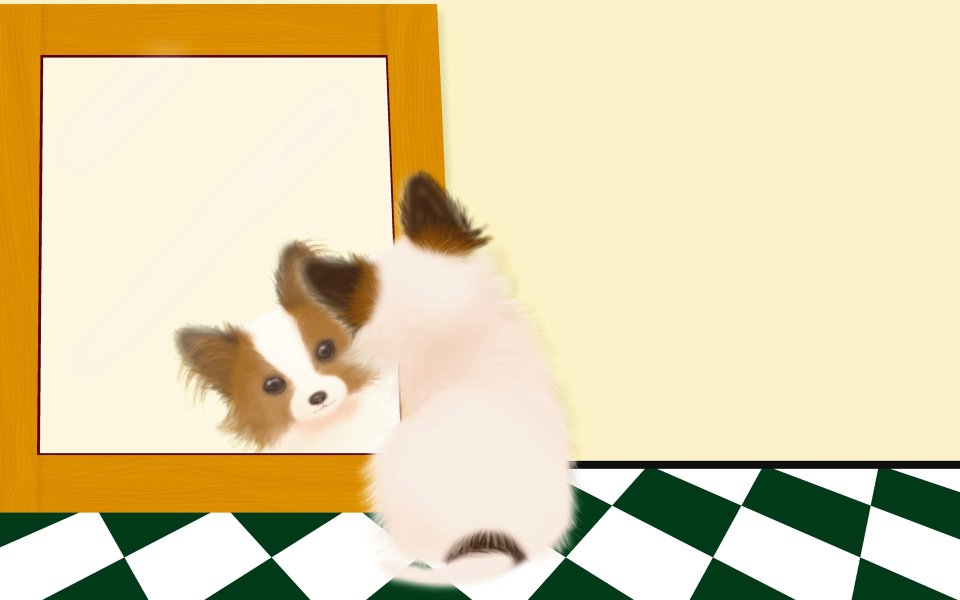 照镜子的可爱蝴蝶犬插画