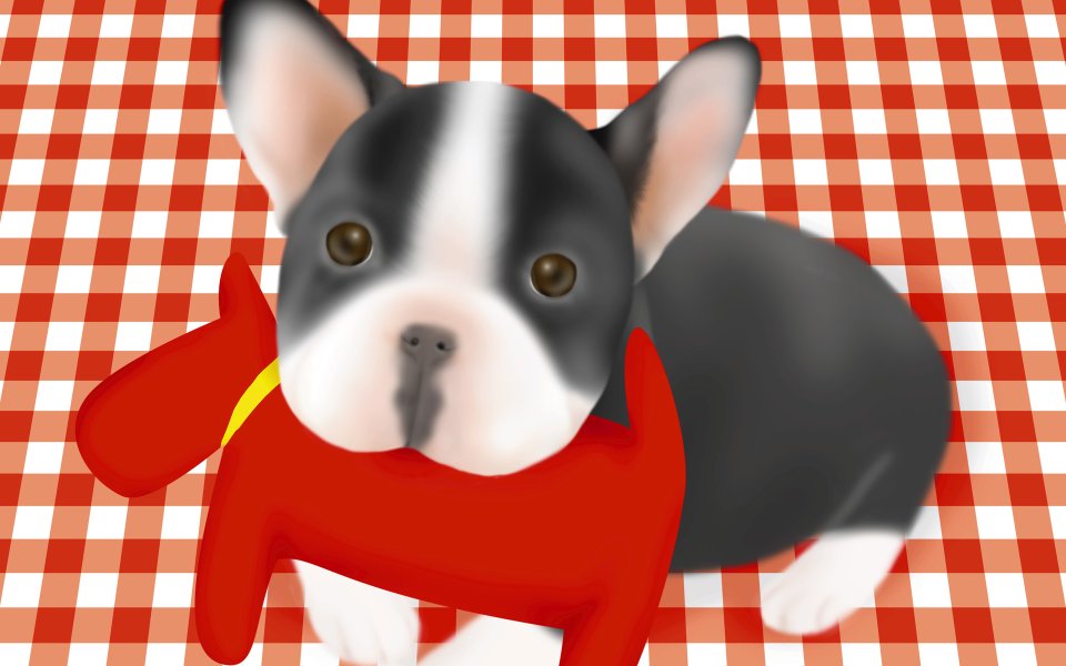 可爱法国斗牛犬与红色玩具插画