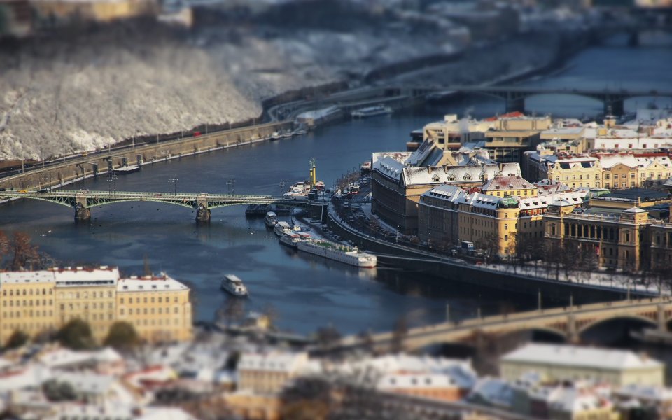 Prague Vltava River Tilt Shift Snowy Urban Landscape