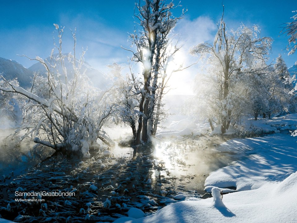 Switzerland Samedan Winter Snowy River Landscape