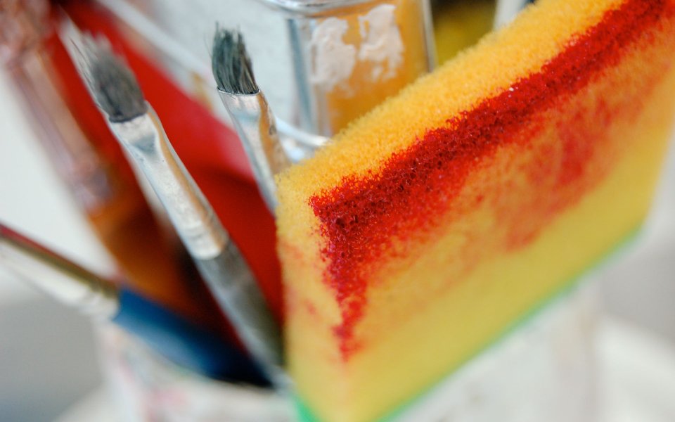 Artistic Creation Tools Close Up: Brushes And Colorful Sponge