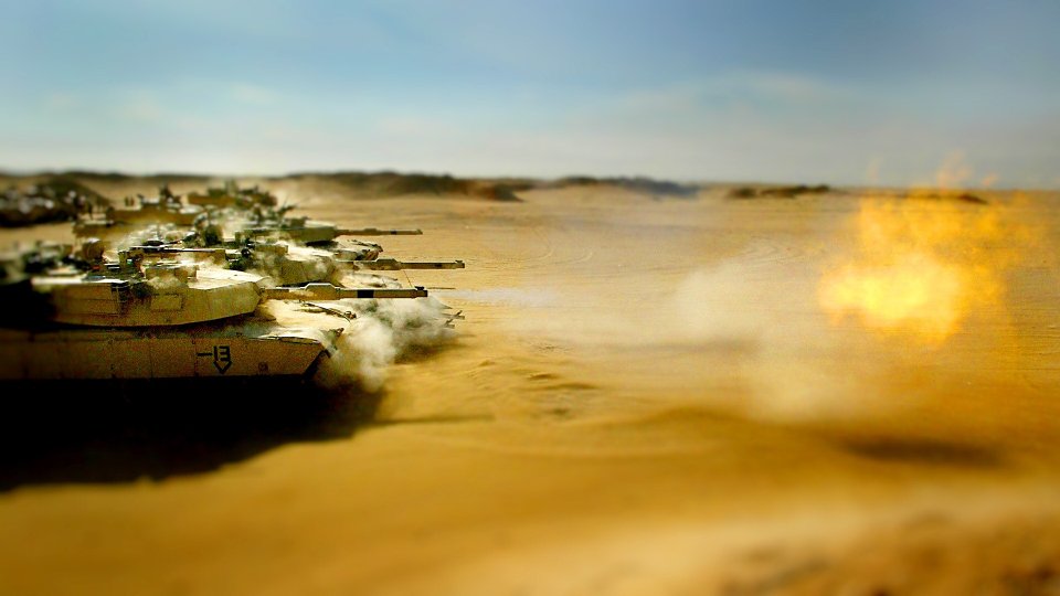 Tilt Shift Desert Tank Formation War Scene