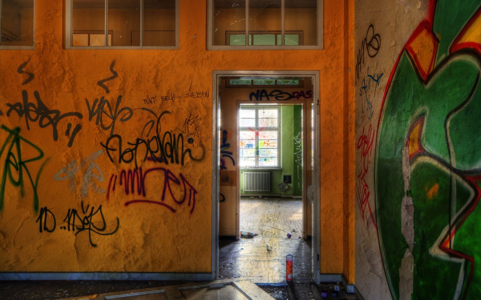 Urban Ruins Graffiti Wall And Abandoned Doorway