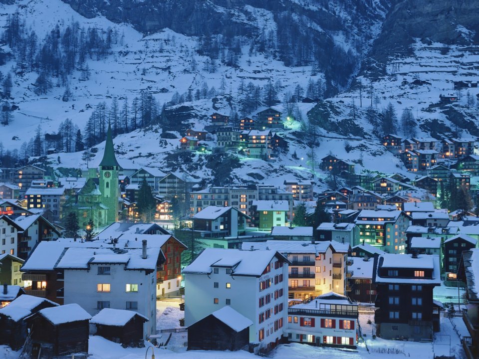 Swiss Alpine Village Snowy Night