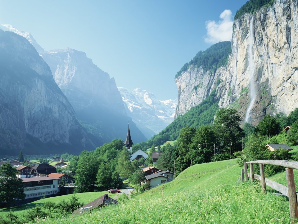 Switzerland Alps Valley Village Waterfall Landscape
