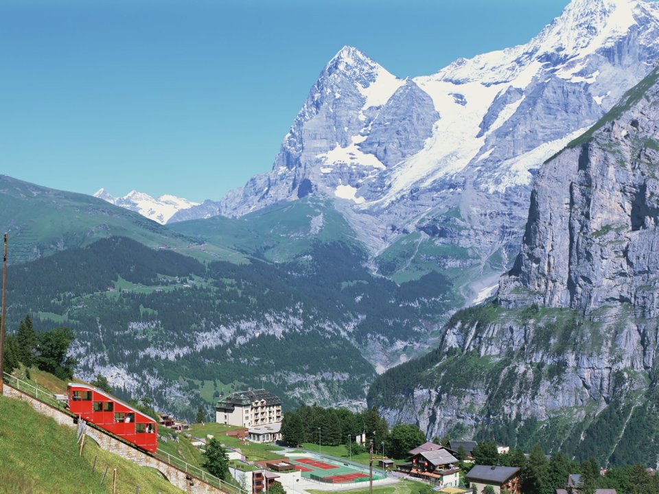 Switzerland Alps Red Train Snowy Mountains Valley Scenery