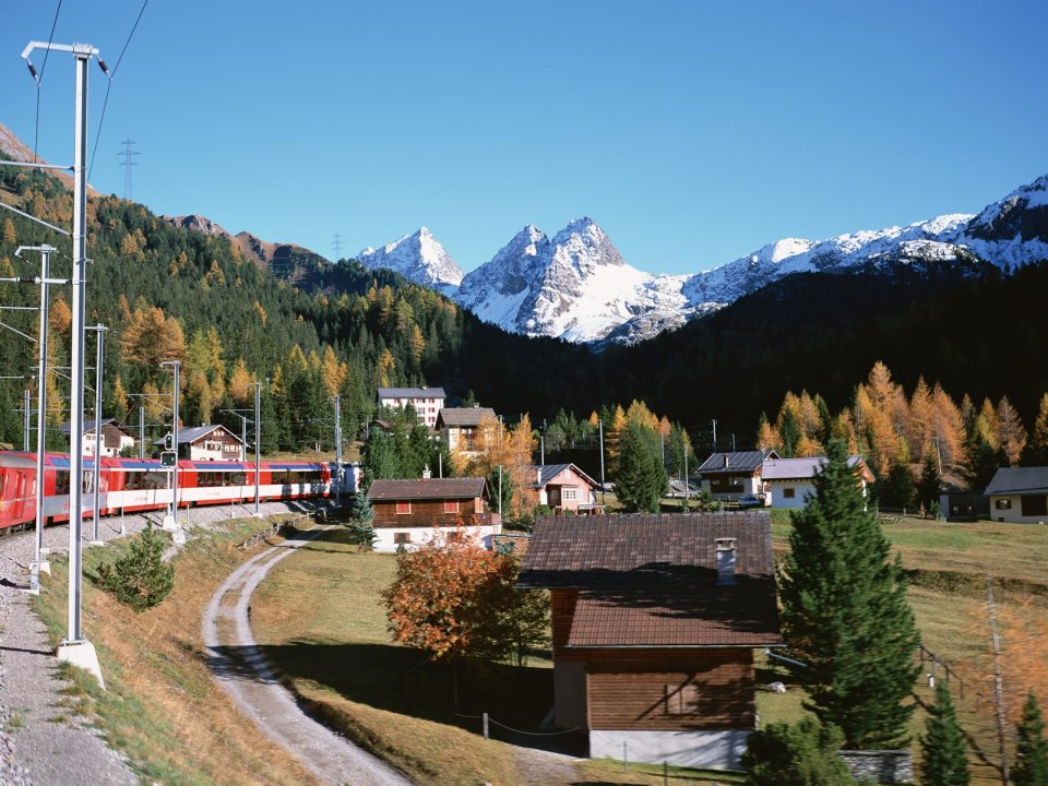 Switzerland Alpine Village Red Train Autumn