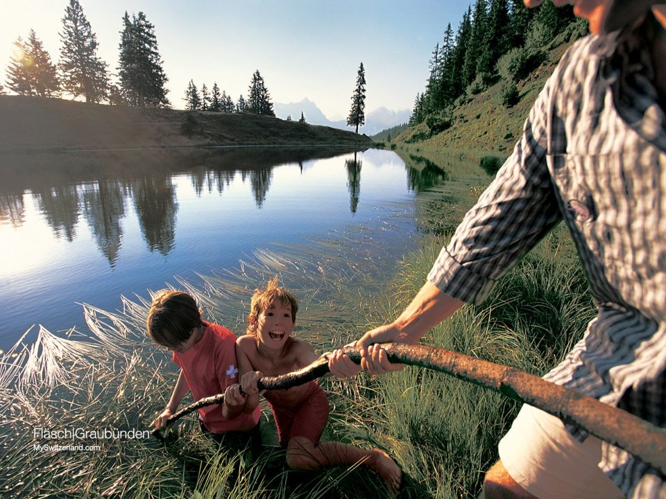 Swiss Graubunden Lake Children Playing