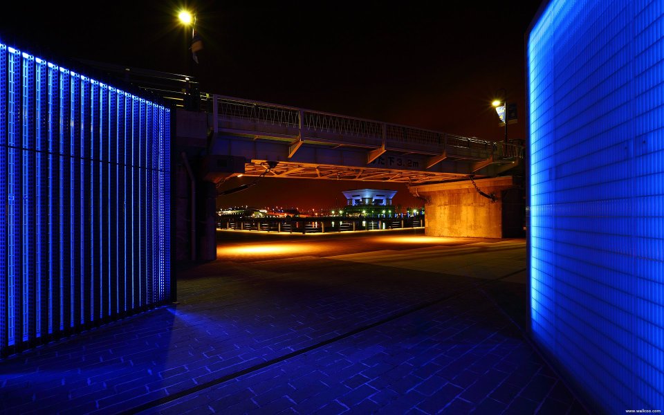 Yokohama Night View Bridge And Blue Lit Architecture