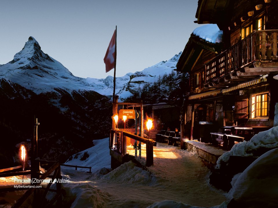 Swiss Zermatt Valais Alpine Chalet At Dusk
