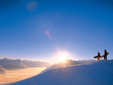 Switzerland Andermatt Snow Mountain Sunrise Skiers Silhouette
