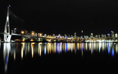 澳大利亚悉尼安扎克桥夜景与城市天际线倒影