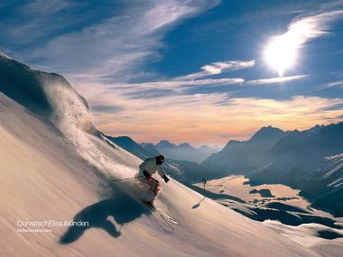 Swiss Graubunden Corvatsch Ski Resort Sunset Skiing Scene