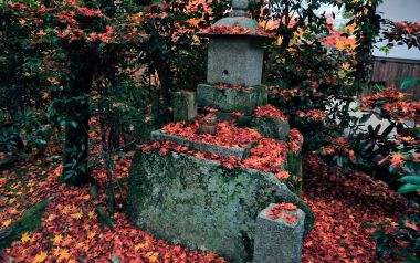 日本京都圆觉寺庭院红叶石灯笼