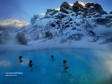 Switzerland Leukerbad Mountain Hot Spring