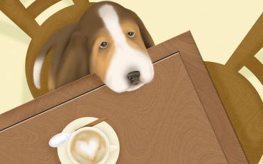可爱巴吉度猎犬与爱心拉花咖啡