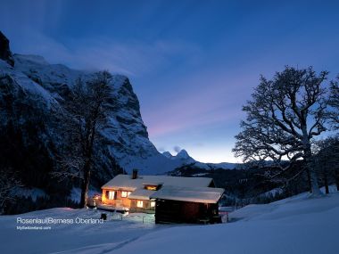 瑞士伯尔尼高地Rosenlaui雪景小木屋