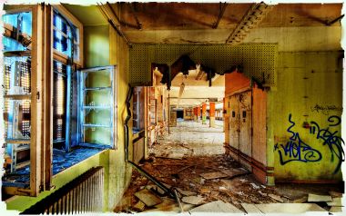 Abandoned Building Interior Dilapidated Corridor And Graffiti Wall