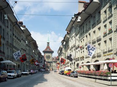 Switzerland Bern Old Town Street And Clock Tower