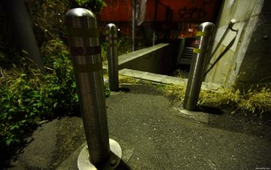 Japan Yokohama Night Street Metal Bollards Graffiti Scene