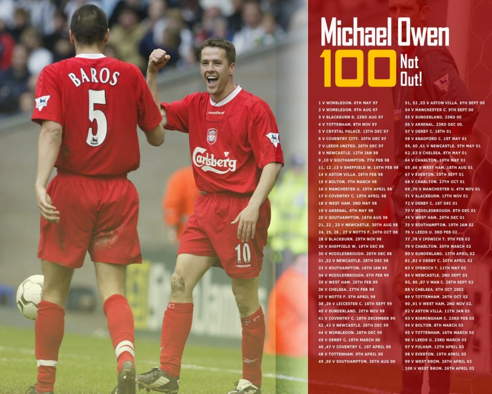 迈克尔·欧文利物浦英超百球纪念海报 赛场庆祝瞬间