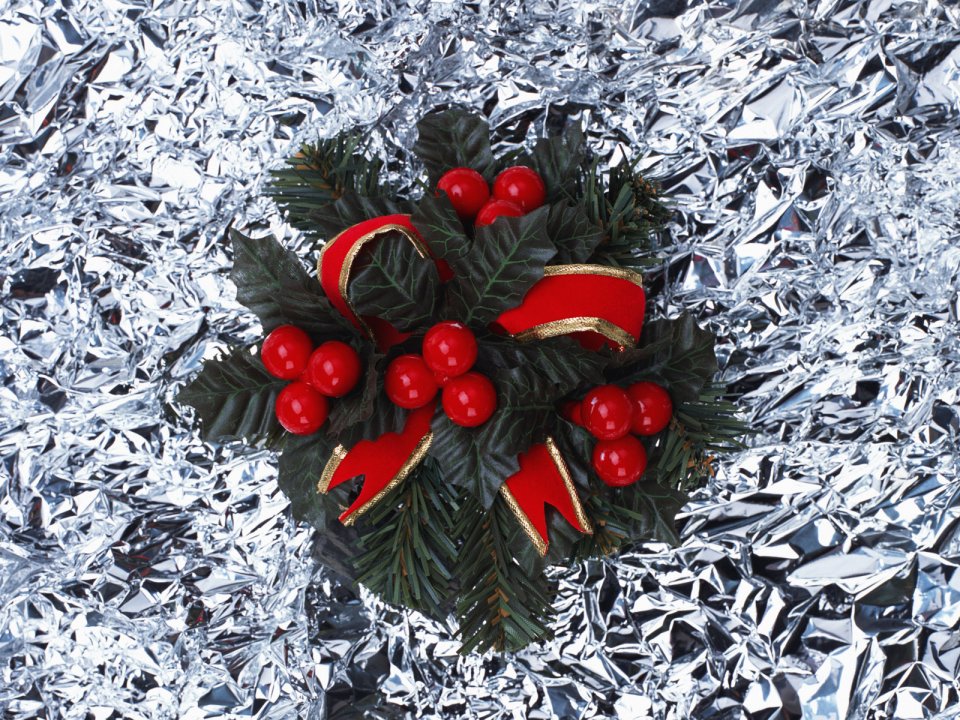 Christmas Holly Berry Decor On Foil Background