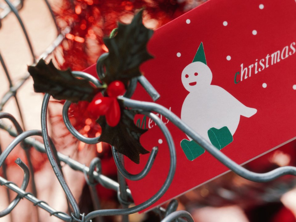 Christmas Card And Holly On Metal Grid Closeup