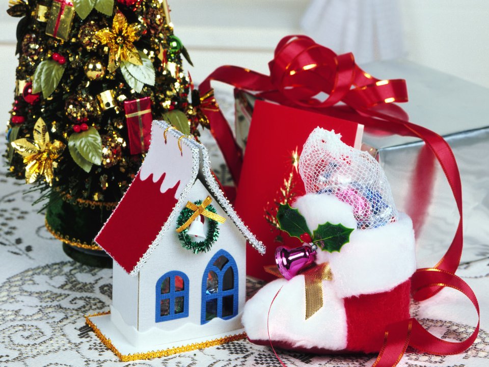 Festive Christmas Decorations And Gifts Closeup