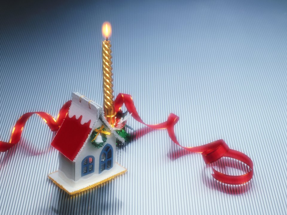 Miniature Christmas House And Golden Candle Still Life