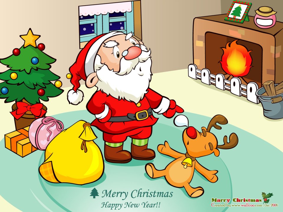 Cartoon Santa Claus Fireplace Reindeer Wallpaper