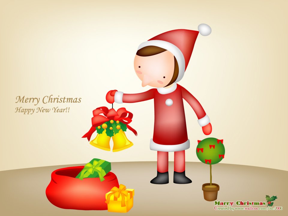 Cartoon Santa Claus Bells Gift Vector Wallpaper
