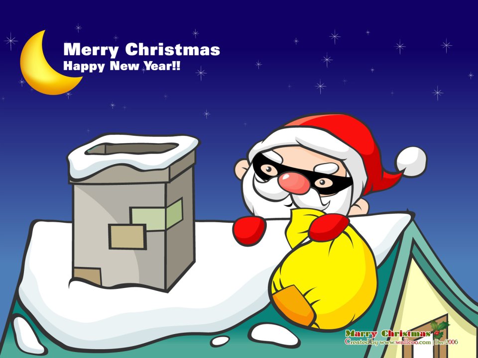 Cartoon Santa Stealing Gifts Roof Night